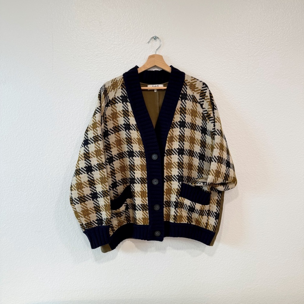 SEA New York Houndstooth Boyfriend Cardigan in plaid wool and canvas oversized